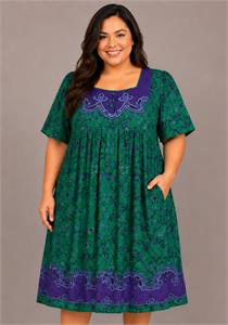 100% Cotton Green Floral Printed Short Lounger Dress